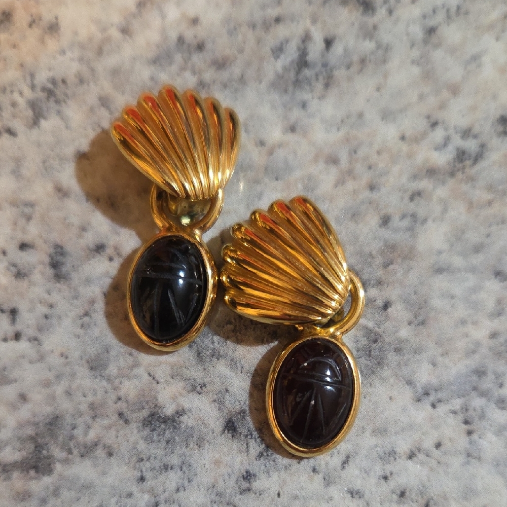 Elegant Gold and Red Black Scarab Clip On Earrings
